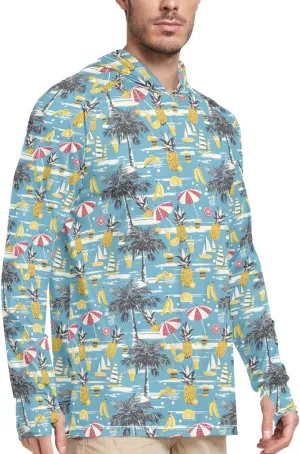 Funny Hawaii Blue Mens Hoodie Sun Protection Long Sleeve Fishing Shirt UPF 50  Sun Proof Shirts Mens Rash Guard
