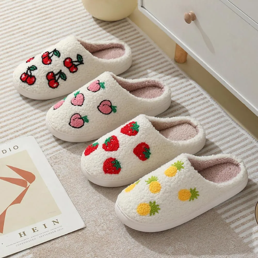 Fuzzy Cute Fruit Slippers for Women with Thick and Soft Plush Fleece Winter House Shoes