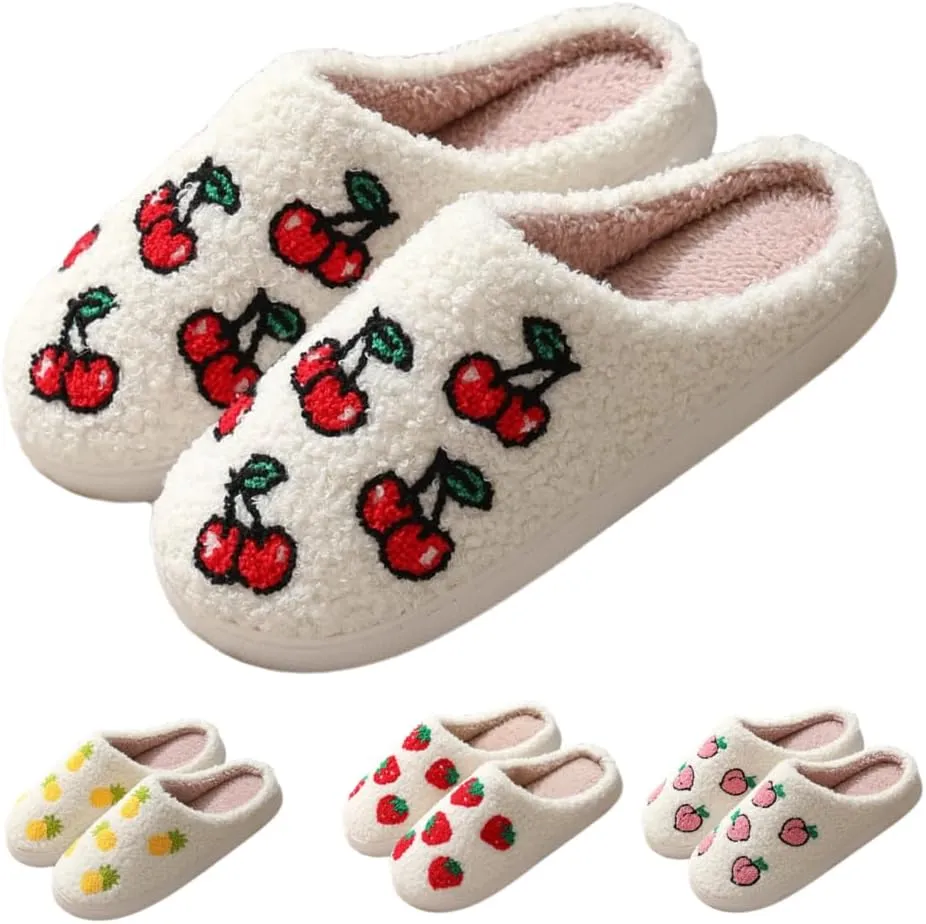 Fuzzy Cute Fruit Slippers for Women with Thick and Soft Plush Fleece Winter House Shoes