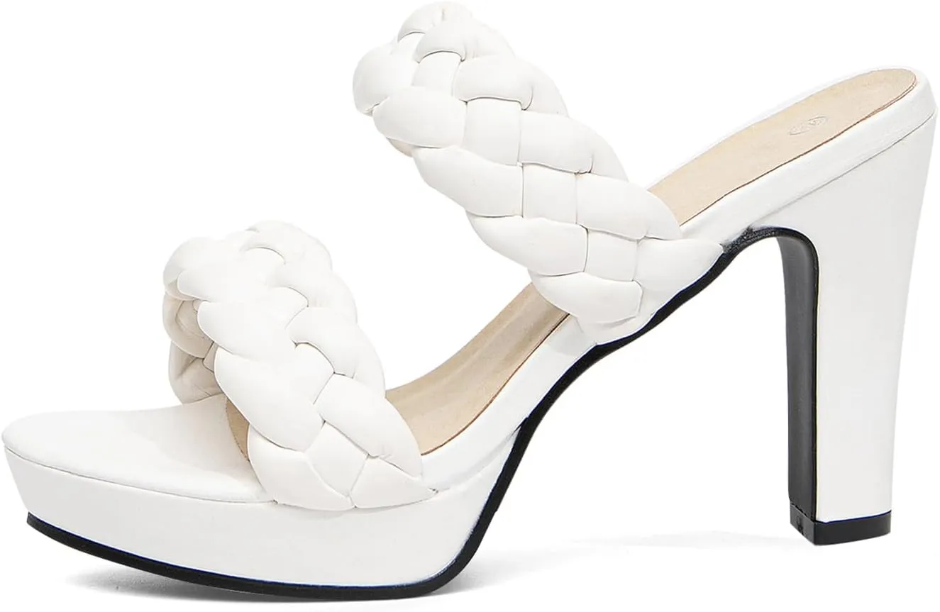 GATUXUS Women's Block High Heels Mule Sandals Round Toe Slip on Braided Strap Platform Dress Shoes