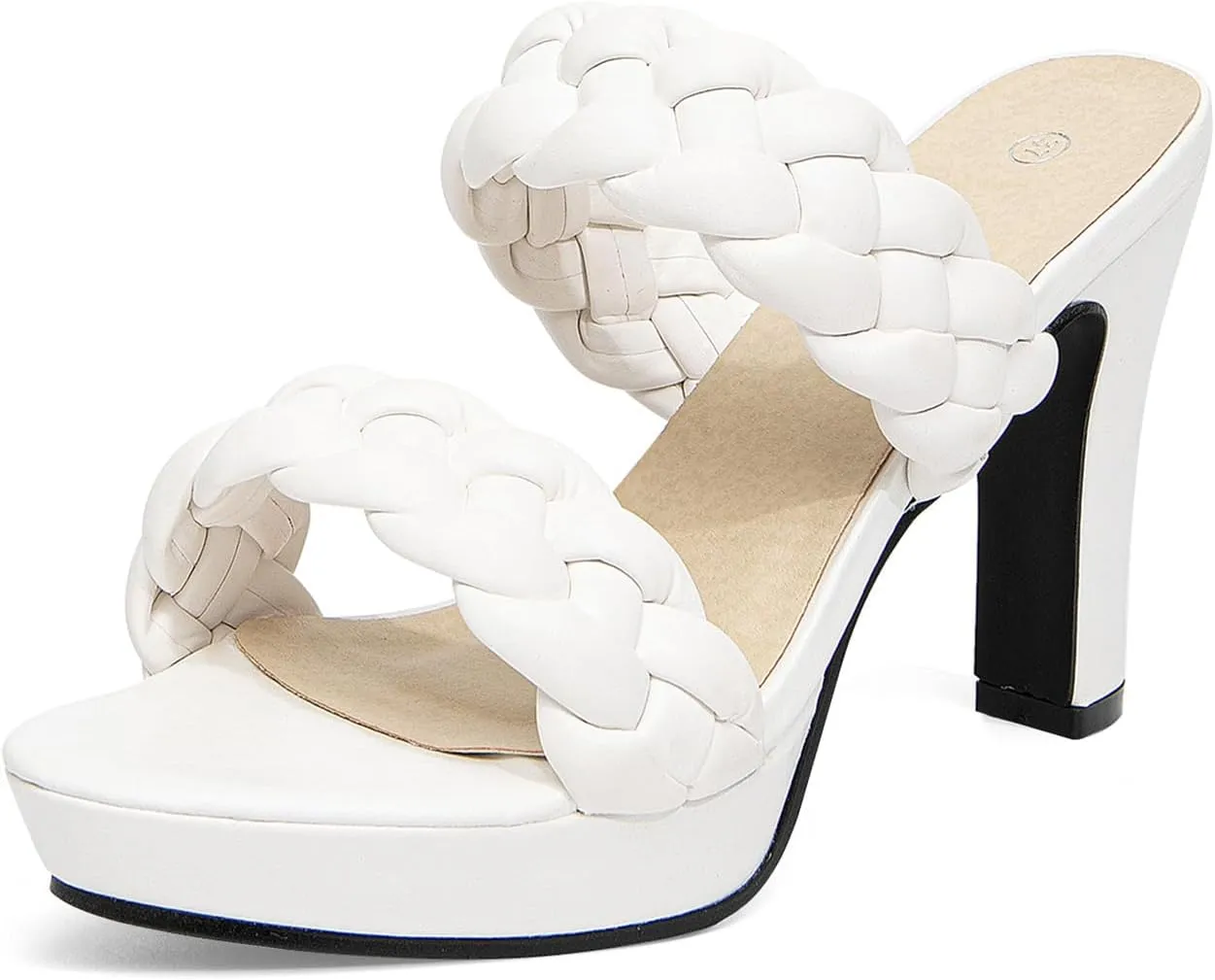 GATUXUS Women's Block High Heels Mule Sandals Round Toe Slip on Braided Strap Platform Dress Shoes