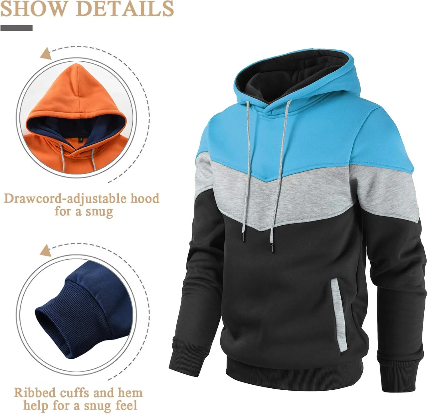Gesean Men's Novelty Color Block Pullover Fleece Hoodie Long Sleeve Casual Sweatshirt with Pocket