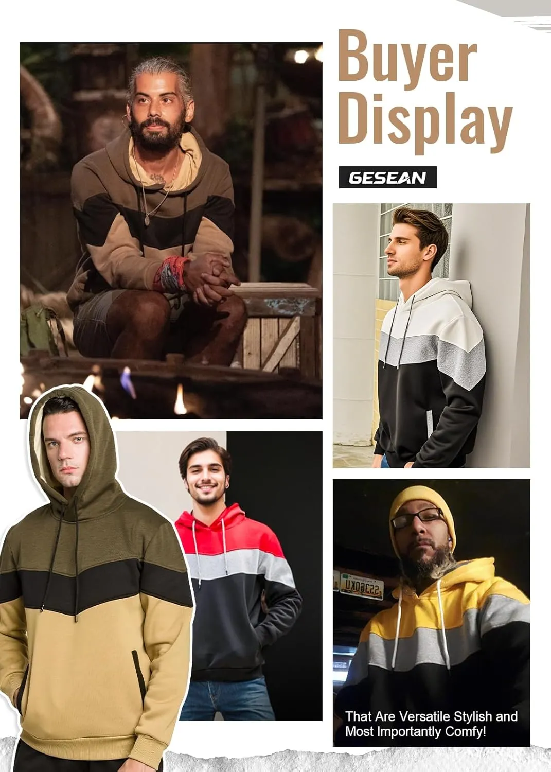 Gesean Men's Novelty Color Block Pullover Fleece Hoodie Long Sleeve Casual Sweatshirt with Pocket