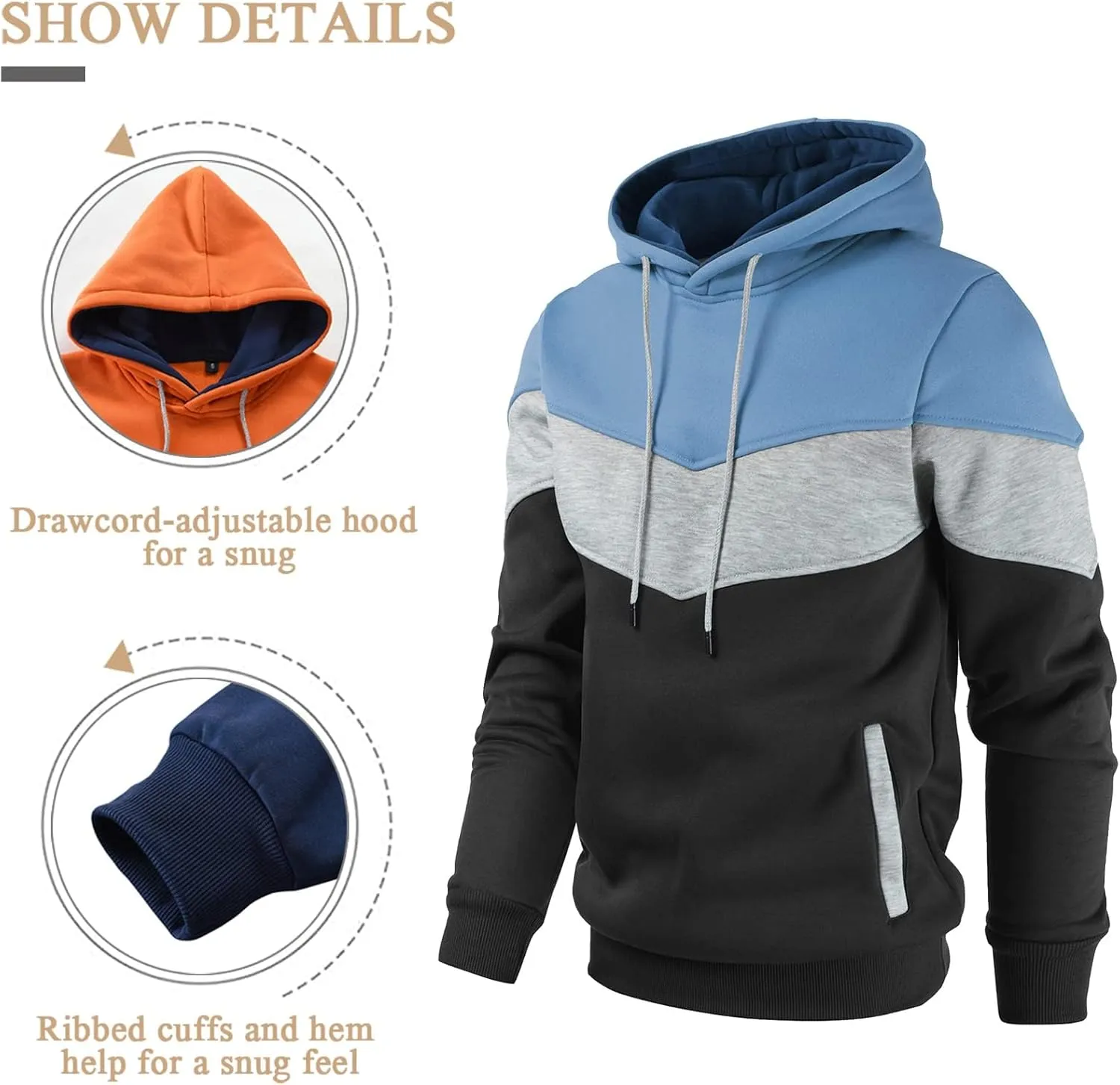 Gesean Men's Novelty Color Block Pullover Fleece Hoodie Long Sleeve Casual Sweatshirt with Pocket