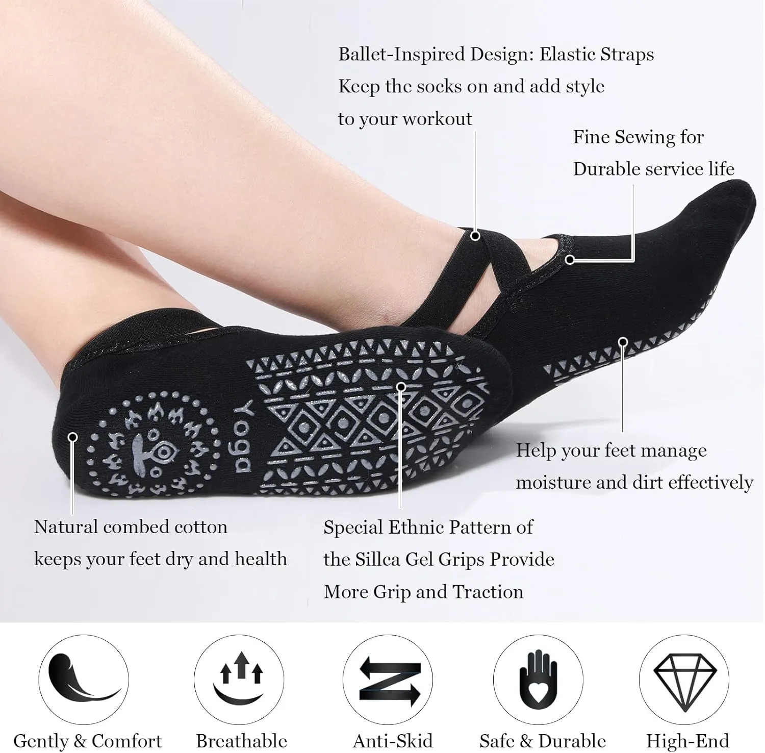 Geyoga 6 Pairs Pilates Socks for Women Barre Yoga Ballet Non-slip Socks with Grip Straps for Barefoot Workout
