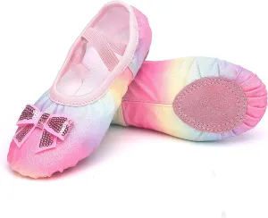 Girls Ballet Shoes Glitter Split-Sole Dance Slippers Toddler Kid Practice Shoes Flats Soft Lightweight with Elastic Laces for Performance Gymnastics Yoga