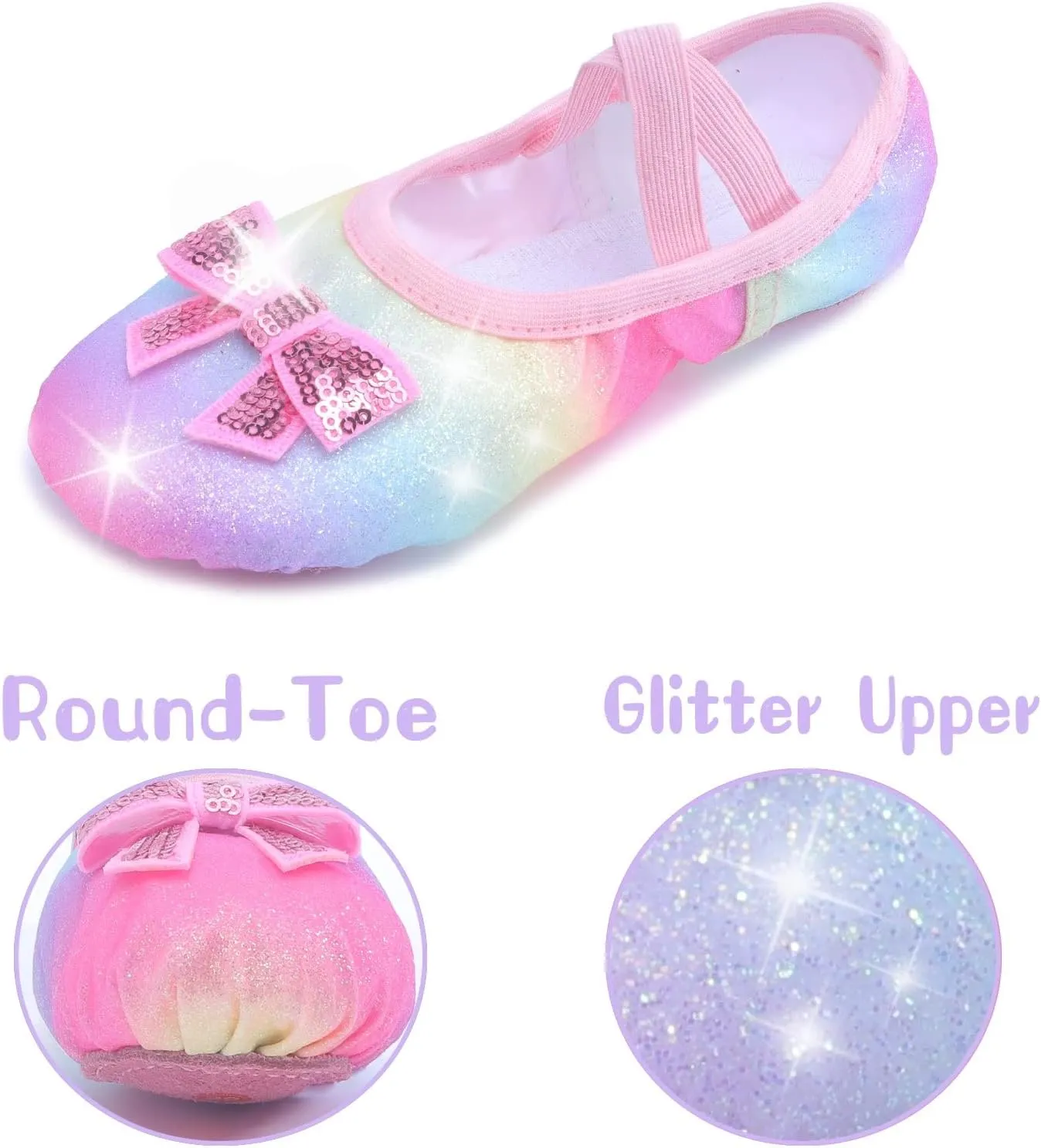 Girls Ballet Shoes Glitter Split-Sole Dance Slippers Toddler Kid Practice Shoes Flats Soft Lightweight with Elastic Laces for Performance Gymnastics Yoga