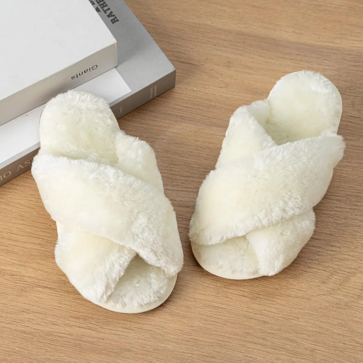 Girls Fluffy Slippers Memory Foam Soft Plush Cross Band House Shoes Indoor Outdoor Slip On