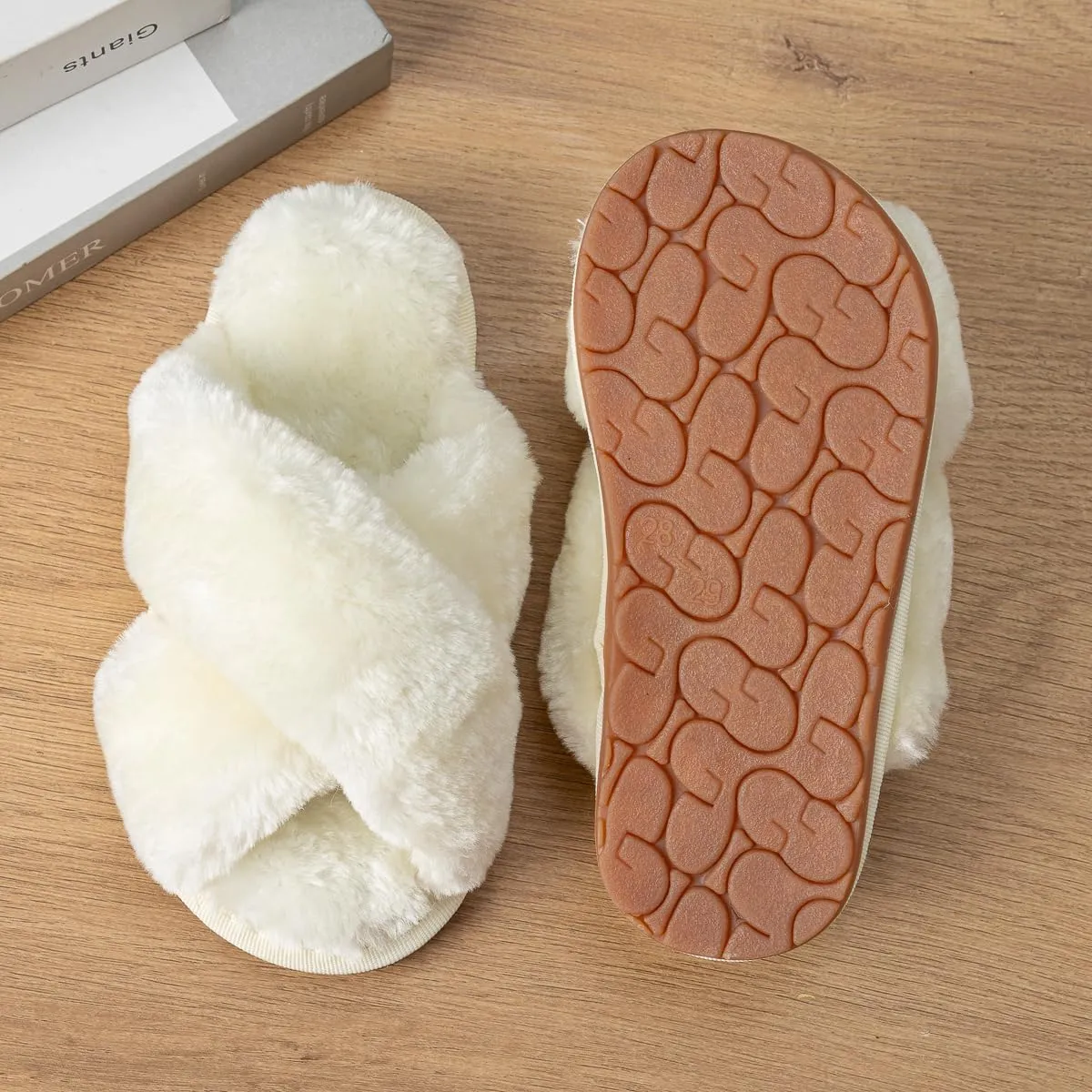Girls Fluffy Slippers Memory Foam Soft Plush Cross Band House Shoes Indoor Outdoor Slip On