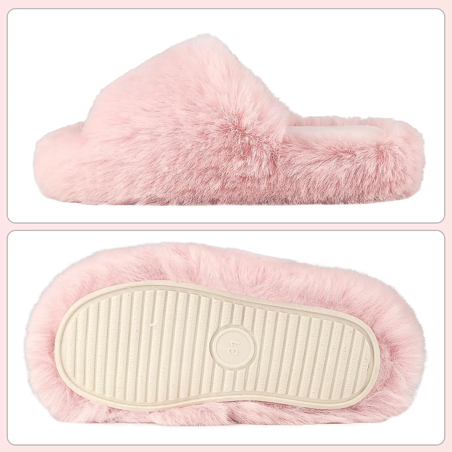 Girls Fuzzy Memory Foam Slippers Comfy丨Kids Fluffy Plush Open Toe House Slippers丨Slip On Furry Home Slides丨Indoor Outdoor Fur Flip Flop
