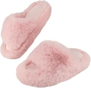 Girls Fuzzy Memory Foam Slippers Comfy丨Kids Fluffy Plush Open Toe House Slippers丨Slip On Furry Home Slides丨Indoor Outdoor Fur Flip Flop