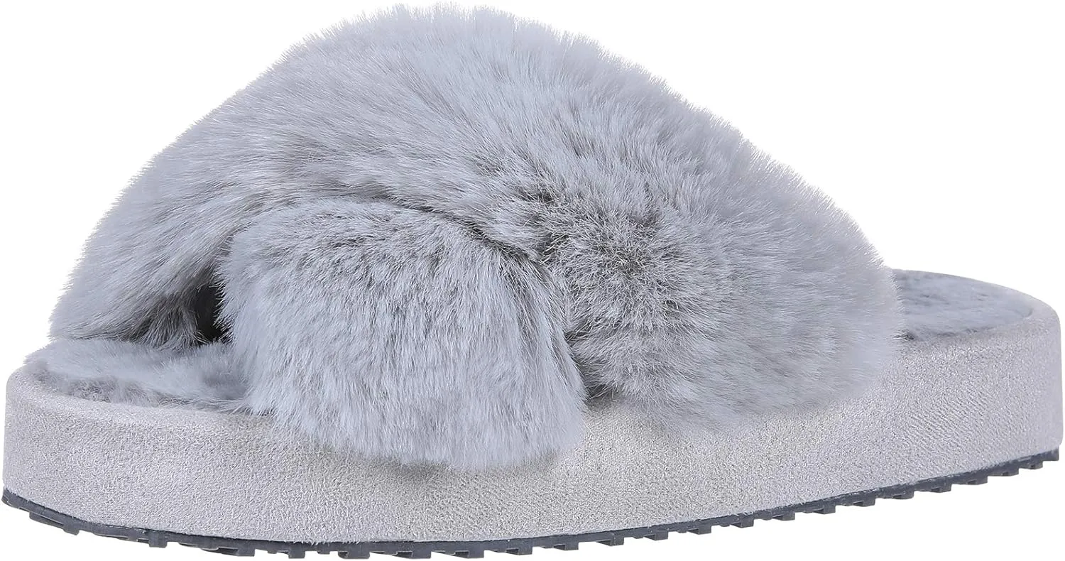 Girl's Soft Plush Lightweight House Slippers Non Slip Cross Band Slip on Open Toe Cozy Indoor Outdoor Slippers