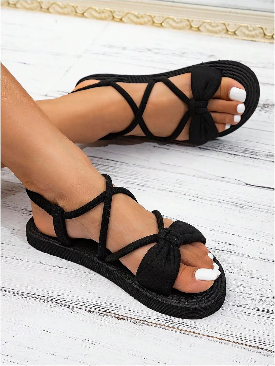 GORGLITTER Women's Bow Beach Flat Sandals Strappy Open Toe Braided Summer Sandals
