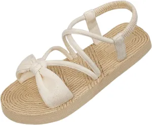 GORGLITTER Women's Bow Beach Flat Sandals Strappy Open Toe Braided Summer Sandals