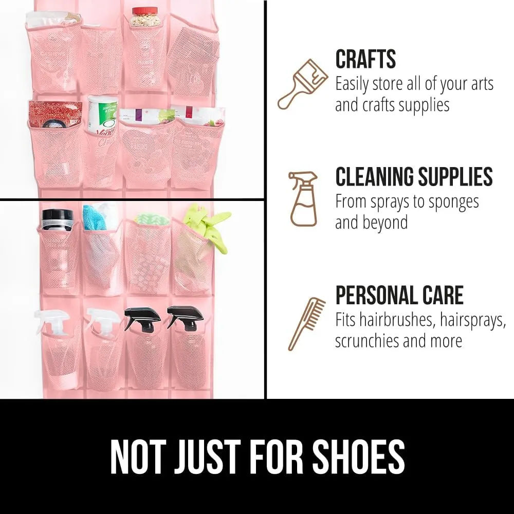 GORILLA GRIP Over the Door Shoe Organizer, 24 Large Breathable Mesh Pockets, Space Saving Hanging Storage Holder, Closet Rack Hanger Holds Up to 40 lbs, Hangs on Closets for Shoes, Accessories, Pink