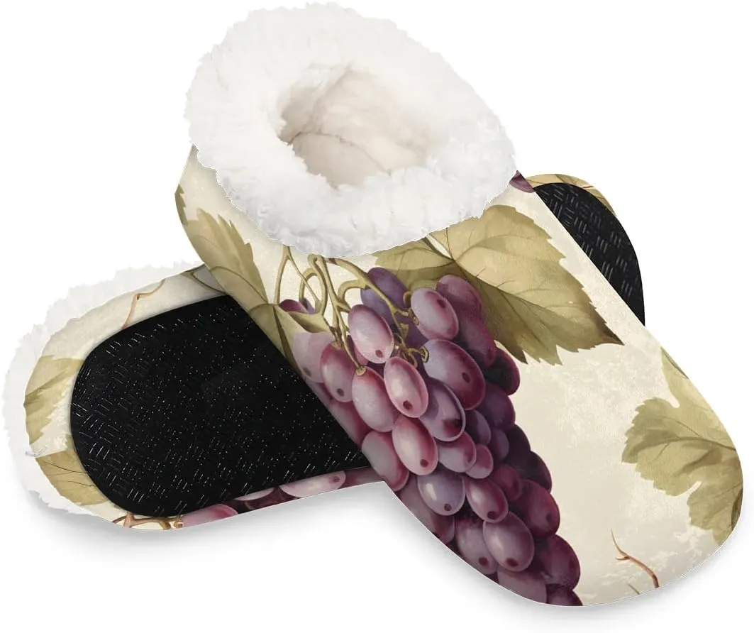 Grapes Purple Rustic Women's Soft Slippers Fuzzy Slip On House Slippers for Winter Bedroom Outdoor with Fleece Lining