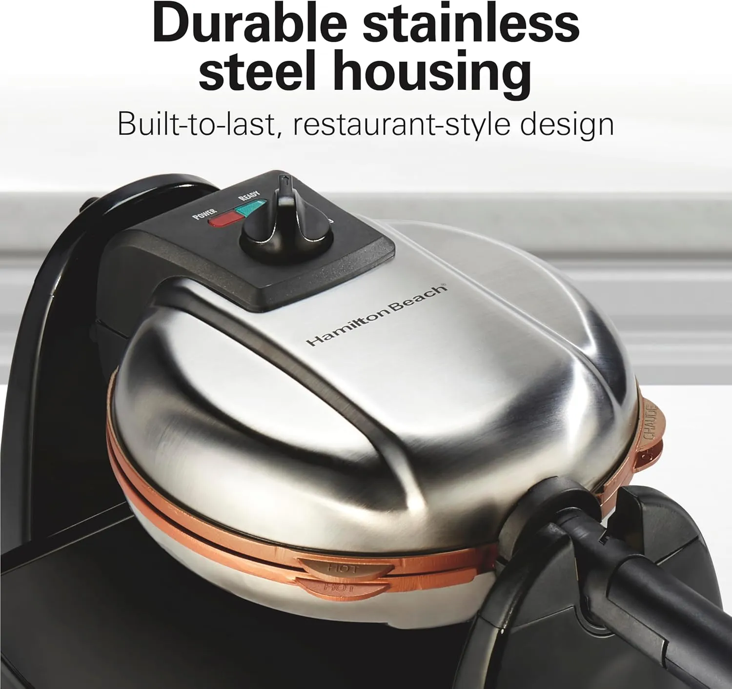Hamilton Beach Belgian Waffle Maker with Removable PFAS-Free Durathon Nonstick Coated Plates, Easy Flip, Ceramic Grids, Black (26031)