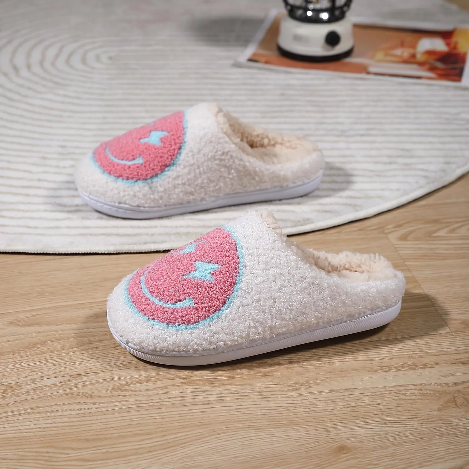 Happy Face Slippers for Women Soft Plush Lightweight Slip-On Slippers House Slippers for Indoor