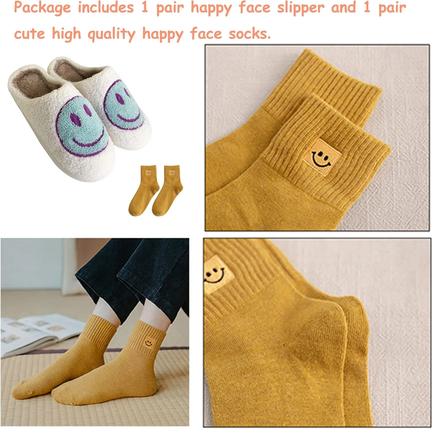 Happy Face Slippers Retro Cozy Comfy Plush Warm Slip-on Slippers Winter Soft Fuzzy Indoor House Shoes with Memory Foam for Men Women…