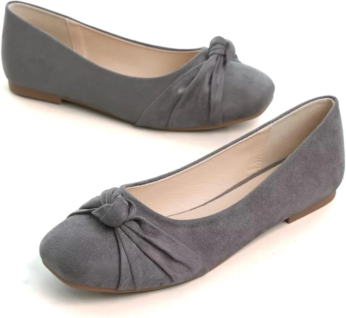 Hee grand Women Square Toe Ballet Flats Shoes Bowknot Dressy Shoes Casual Suede Slip-On Loafers