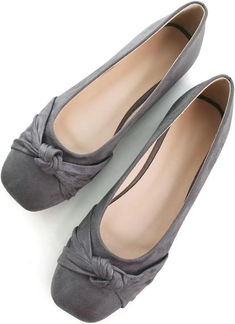 Hee grand Women Square Toe Ballet Flats Shoes Bowknot Dressy Shoes Casual Suede Slip-On Loafers