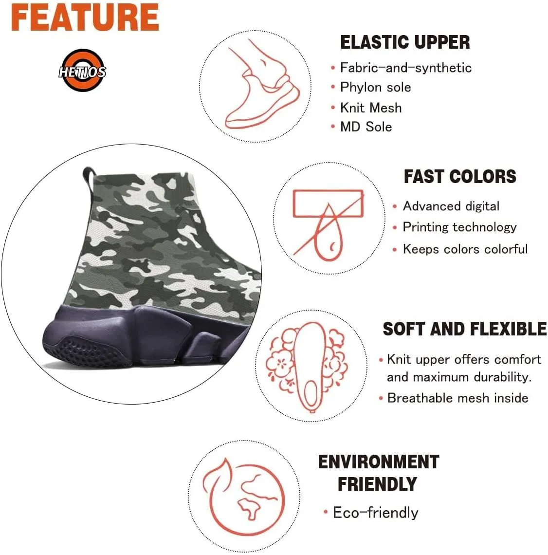 Hetios Men's Camouflage Shoes - Lightweight Breathable Walking Shoes Sock Shoes Workout Casual Running Shoes