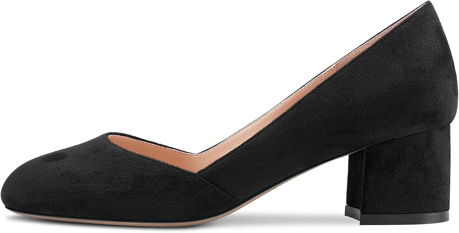 HEUIVZAR Pumps for Women Slip-on Round Toe Block Chunky Mid Low Heel Suede Shopping Vacation Classic 2 Inch