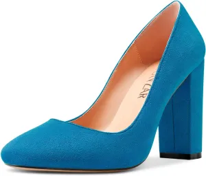 HEUIVZAR Women Pumps Pointed Toe Block Chunky High Heel Slip-on Dress Shoes Suede 4 Inch