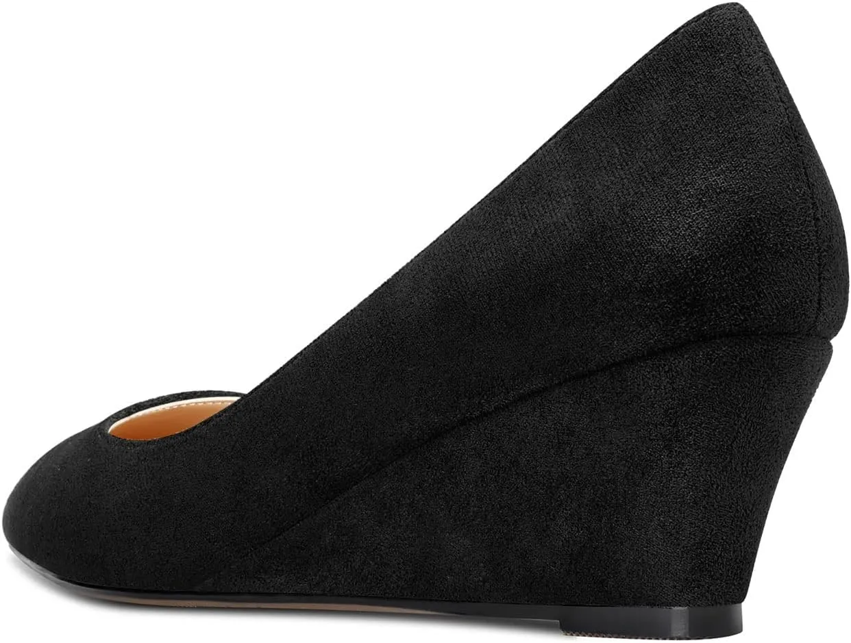 HEUIVZAR Women Wedge Pumps Pointed Toe Block Chunky Mid Low Heel Slip-on Dress Shoes Classic Suede 2 Inch