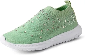 HINDOLA Women's Mesh Walking Shoes Rhinestone Glitter Slip On Ballroom Jazz Latin Dance Sock Sneakers Casual Shoes