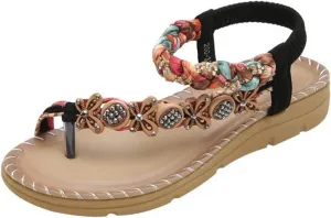 HNGHOU Women's Summer Sandals Casual Comfortable Bohemia Beach Flat Sandals Open Toe Ankle Crystal Gladiator Shoes