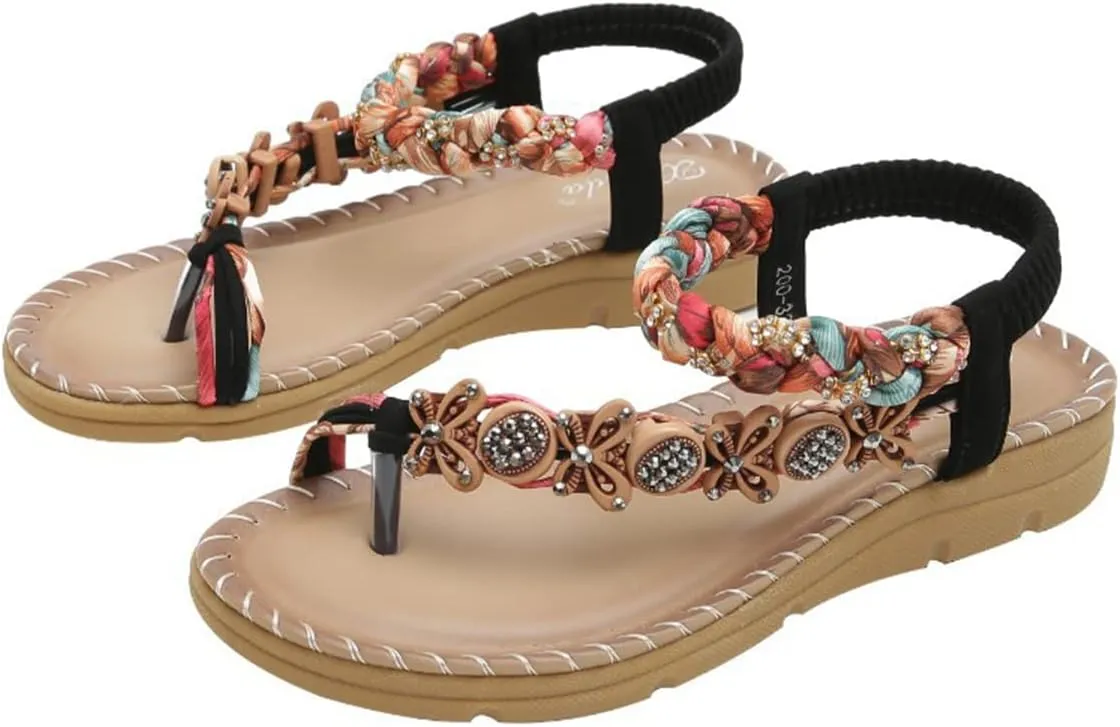 HNGHOU Women's Summer Sandals Casual Comfortable Bohemia Beach Flat Sandals Open Toe Ankle Crystal Gladiator Shoes