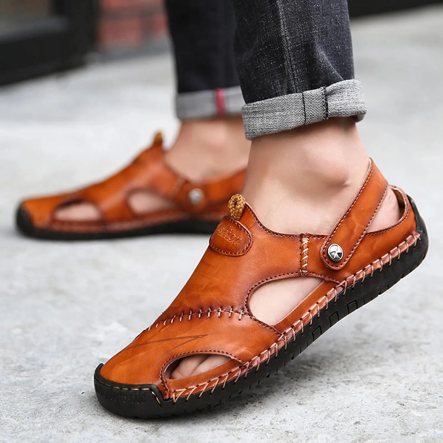 Honeystore Men's Leather Hollow Athletic Sandals Slip-on Roman Casual Shoes