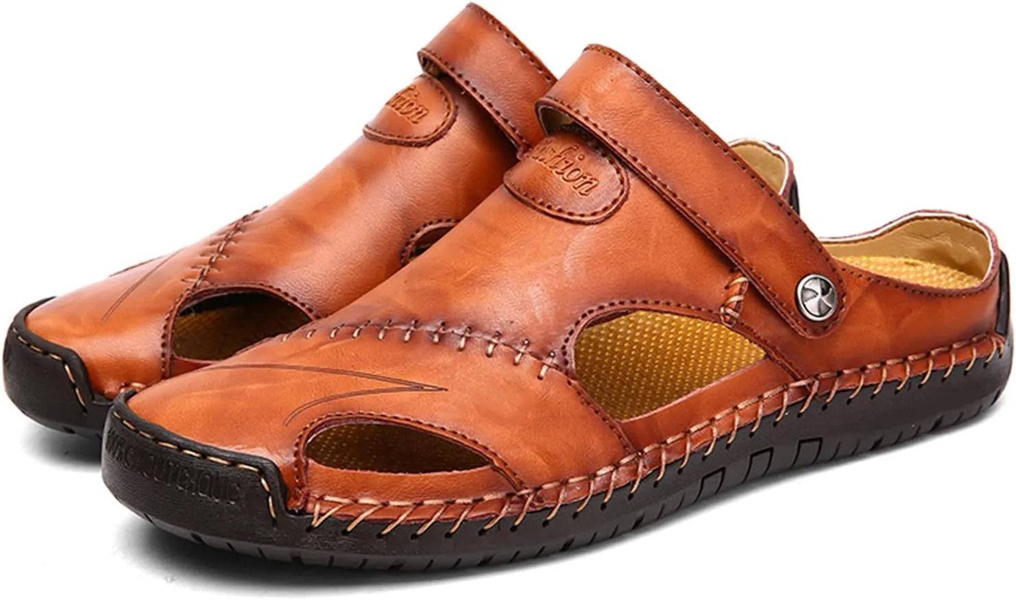 Honeystore Men's Leather Hollow Athletic Sandals Slip-on Roman Casual Shoes