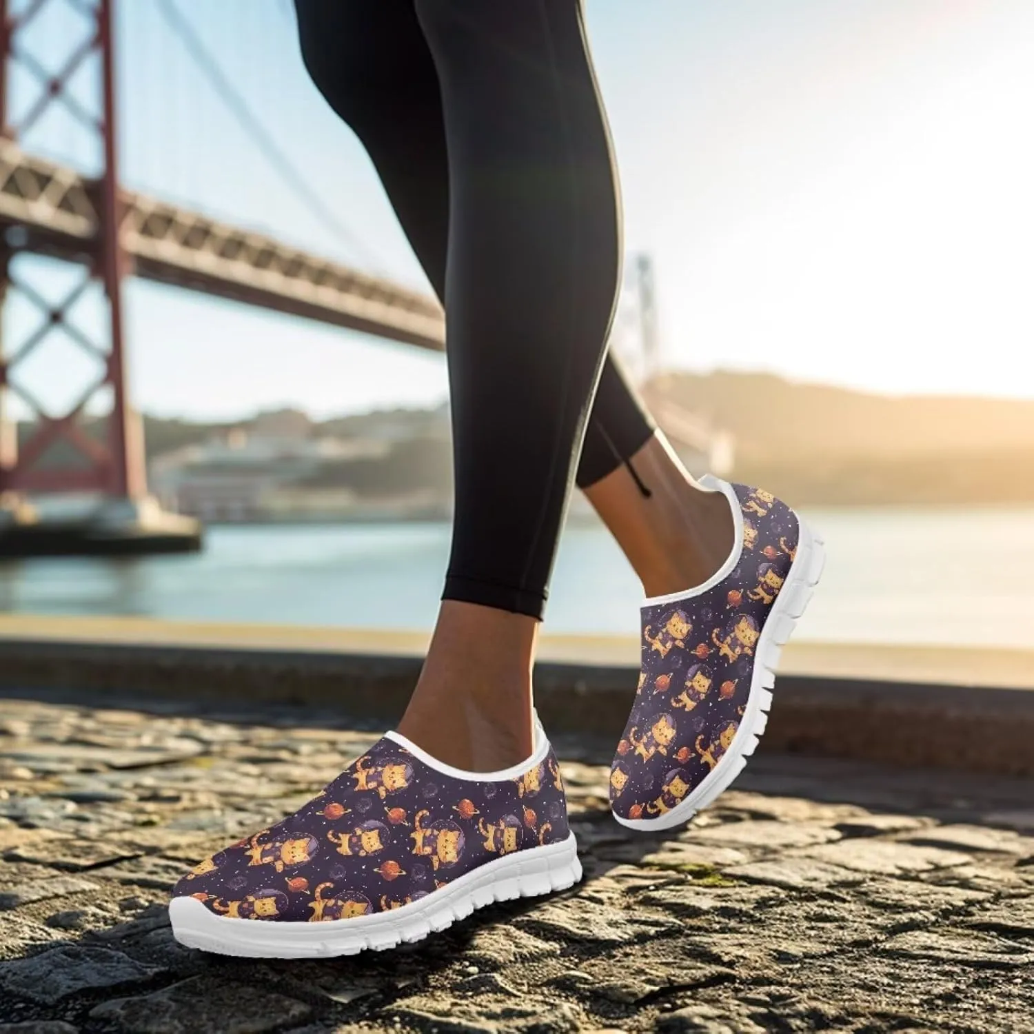 Howilath Cat Print Women's Loafers & Slip-on Running Sneakers Breathable Anti-Skid Hands Free Shoes