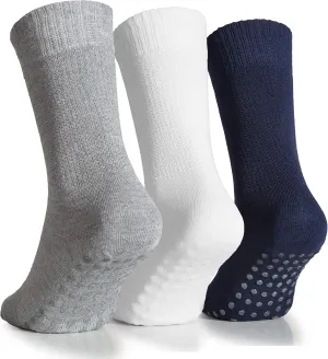 Hugh Ugoli Women's Soft Bamboo Non Slip Grip Crew Socks | Wide, Loose Fit & Diabetic Hospital Socks with Seamless Toe, 3 Pair