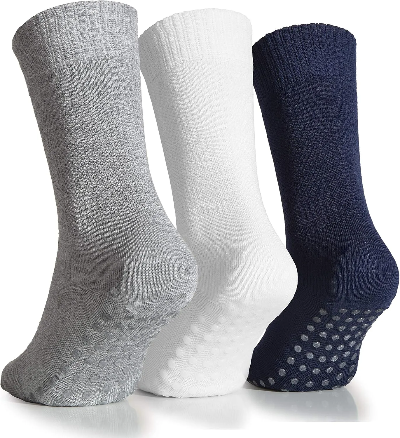Hugh Ugoli Women's Soft Bamboo Non Slip Grip Crew Socks | Wide, Loose Fit & Diabetic Hospital Socks with Seamless Toe, 3 Pair