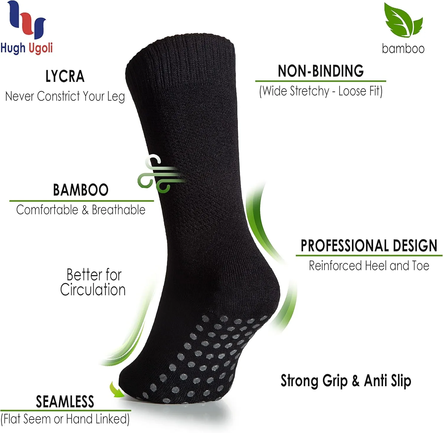 Hugh Ugoli Women's Soft Bamboo Non Slip Grip Crew Socks | Wide, Loose Fit & Diabetic Hospital Socks with Seamless Toe, 3 Pair