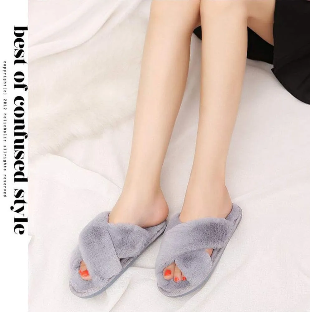 HUMIWA Womens Faux Fur Slippers Warm Fussy Flip Flop House Slippers Open Toe Home Slippers for Girls Men
