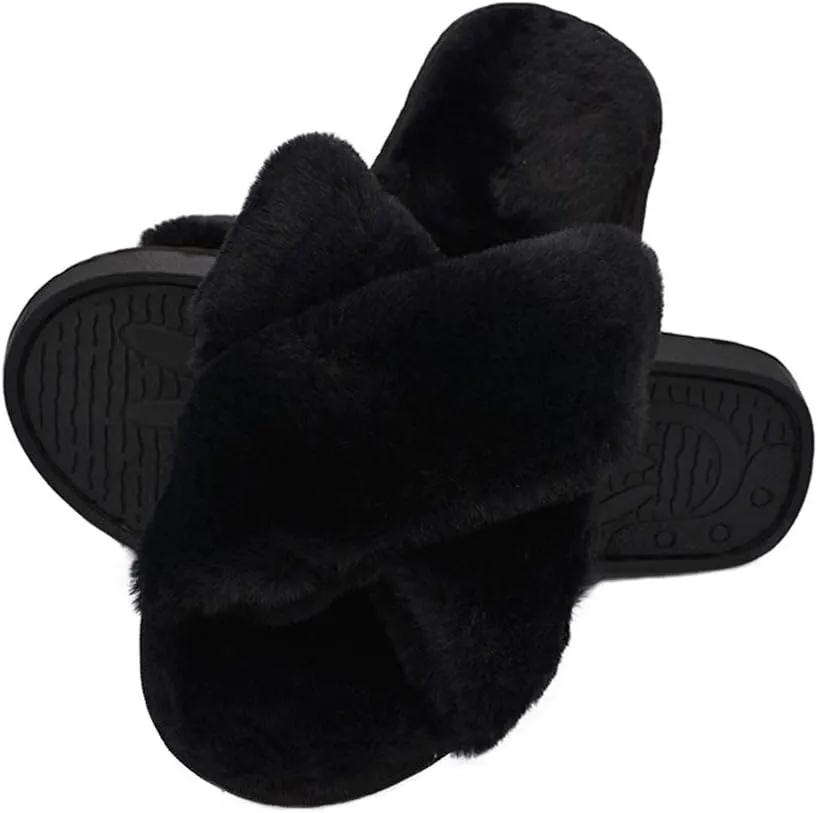 HUMIWA Womens Faux Fur Slippers Warm Fussy Flip Flop House Slippers Open Toe Home Slippers for Girls Men