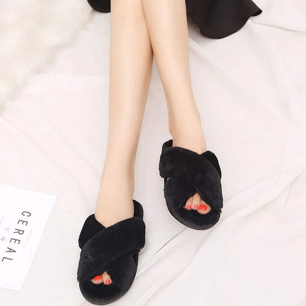 HUMIWA Womens Faux Fur Slippers Warm Fussy Flip Flop House Slippers Open Toe Home Slippers for Girls Men