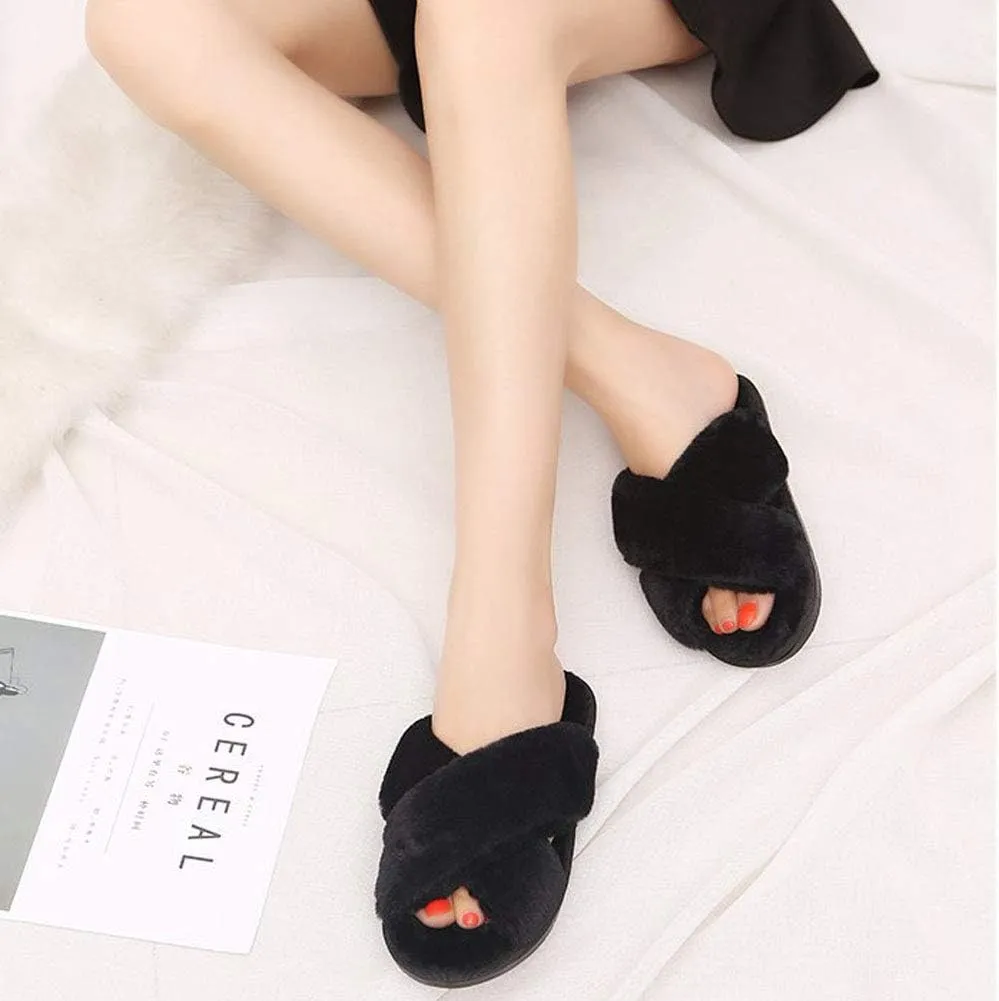 HUMIWA Womens Faux Fur Slippers Warm Fussy Flip Flop House Slippers Open Toe Home Slippers for Girls Men