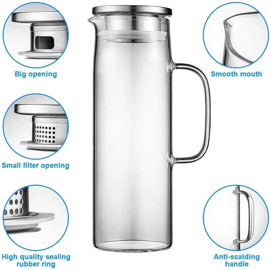 Hwagui - Heat Resistant Glass Pitcher with Stainless Steel Lid, Water Carafe with Handle, Good Beverage Pitcher for Homemade Juice and Iced Tea, 1500ml/51oz