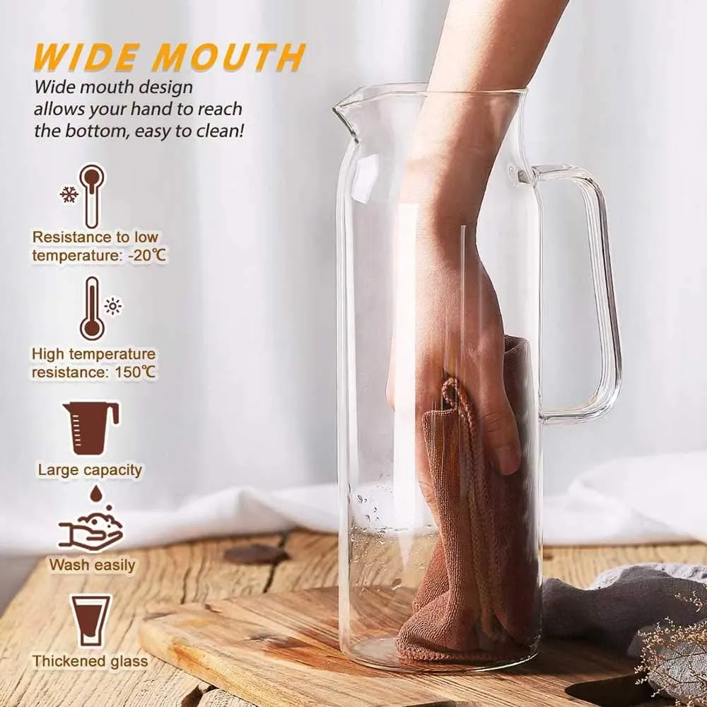 Hwagui - Heat Resistant Glass Pitcher with Stainless Steel Lid, Water Carafe with Handle, Good Beverage Pitcher for Homemade Juice and Iced Tea, 1500ml/51oz