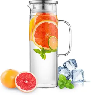 Hwagui - Heat Resistant Glass Pitcher with Stainless Steel Lid, Water Carafe with Handle, Good Beverage Pitcher for Homemade Juice and Iced Tea, 1500ml/51oz