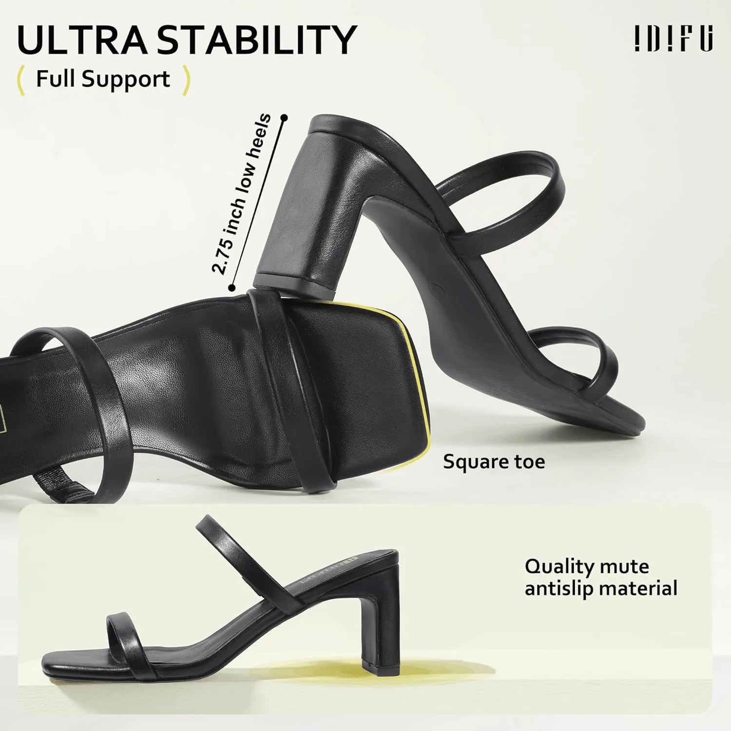IDIFU IN3 Chunky Heels For Women Low Block Square Open Toe Heels Two Strap Slip On Comfortable Slides Heeled Sandals Sexy Wedding Prom Party Dress Shoes Cute Mule Short Heels