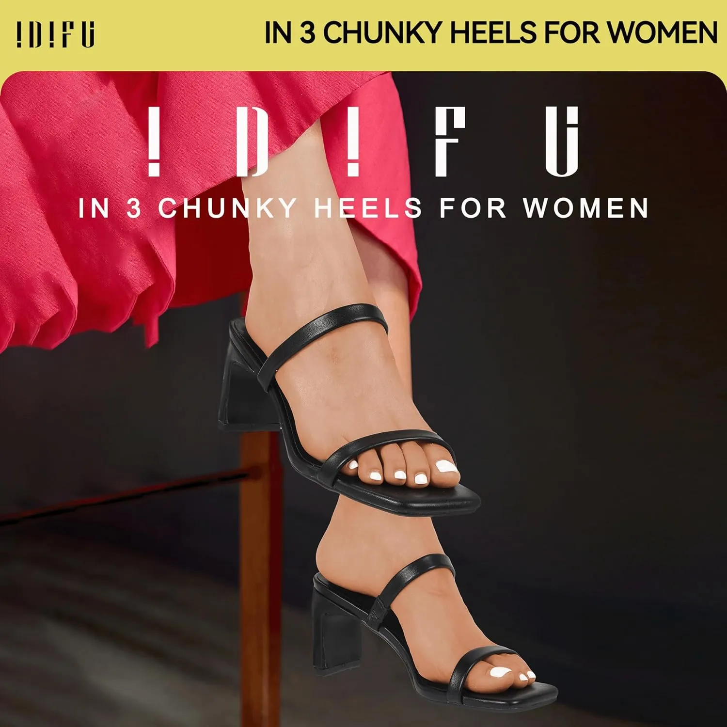 IDIFU IN3 Chunky Heels For Women Low Block Square Open Toe Heels Two Strap Slip On Comfortable Slides Heeled Sandals Sexy Wedding Prom Party Dress Shoes Cute Mule Short Heels