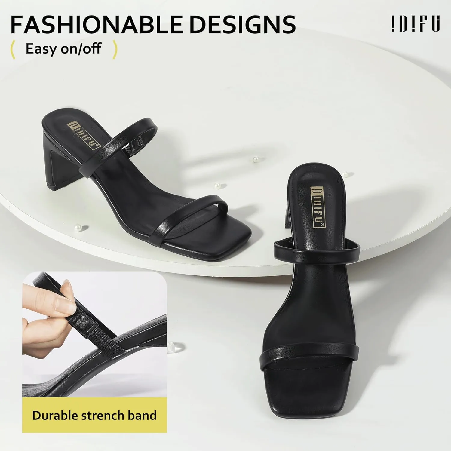 IDIFU IN3 Chunky Heels For Women Low Block Square Open Toe Heels Two Strap Slip On Comfortable Slides Heeled Sandals Sexy Wedding Prom Party Dress Shoes Cute Mule Short Heels