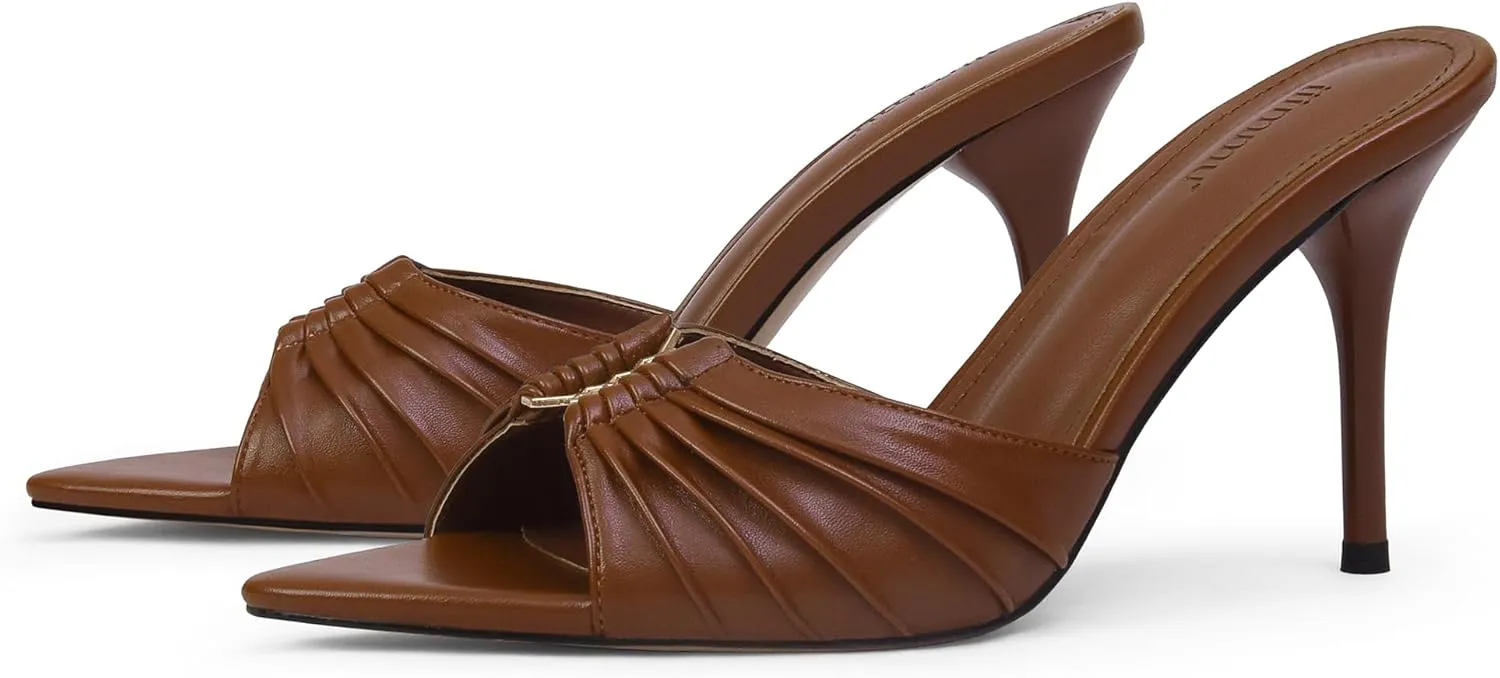 iiimmu 3.5 IN Stiletto Mules High Heels with Pointed Peep Toe Heeled Sandals Faux Leather