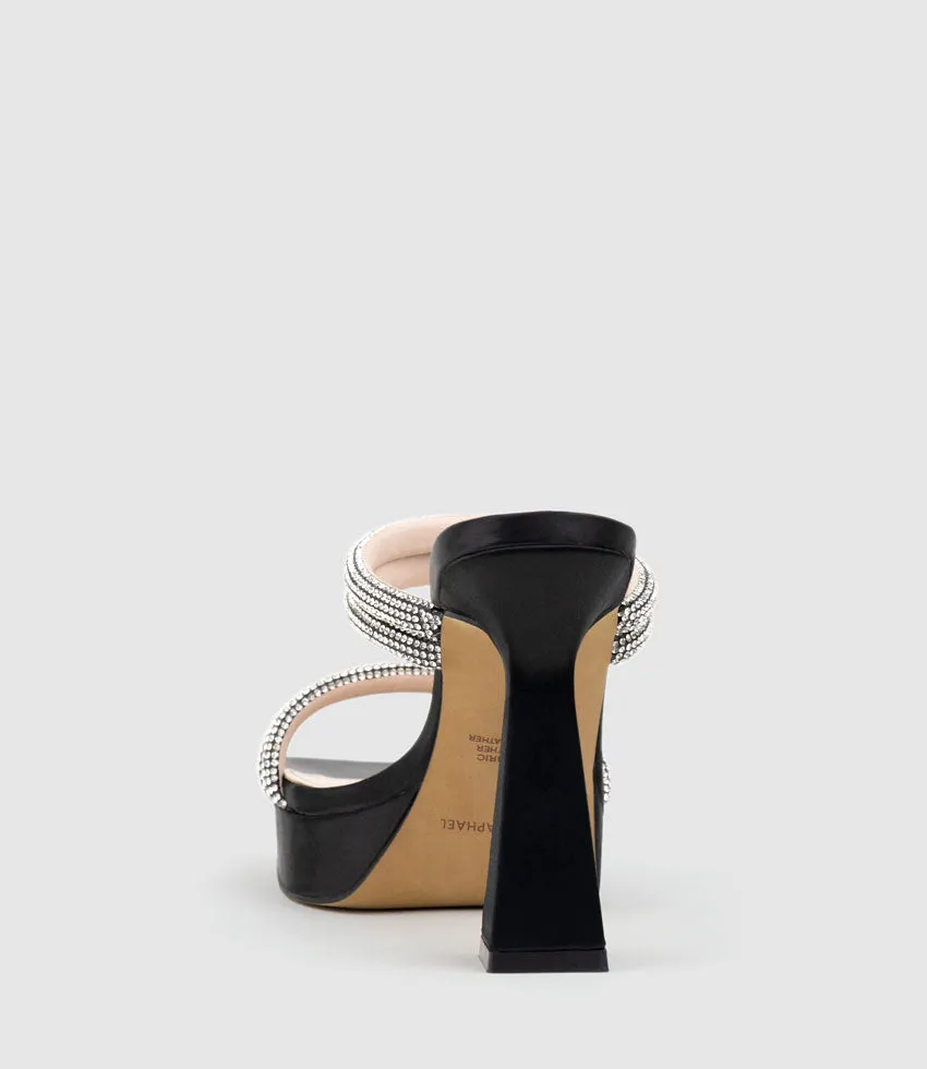 ISLA110 Diamante Mulitband Platform Slide in Black Satin